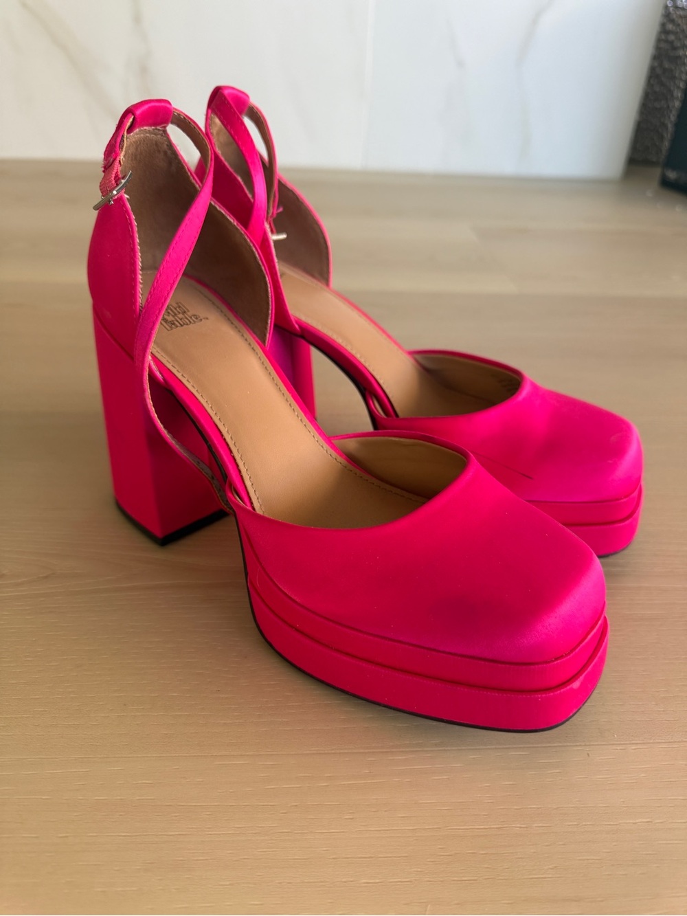 Platform Block Heel Pumps in Bright Pink